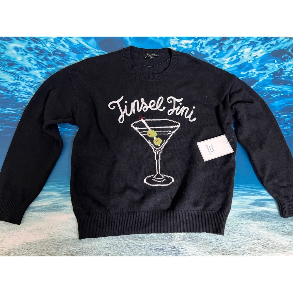 Calligraphie Tinsel Tini Martini Graphic Holiday Knit Sweater Black Medium NWT
